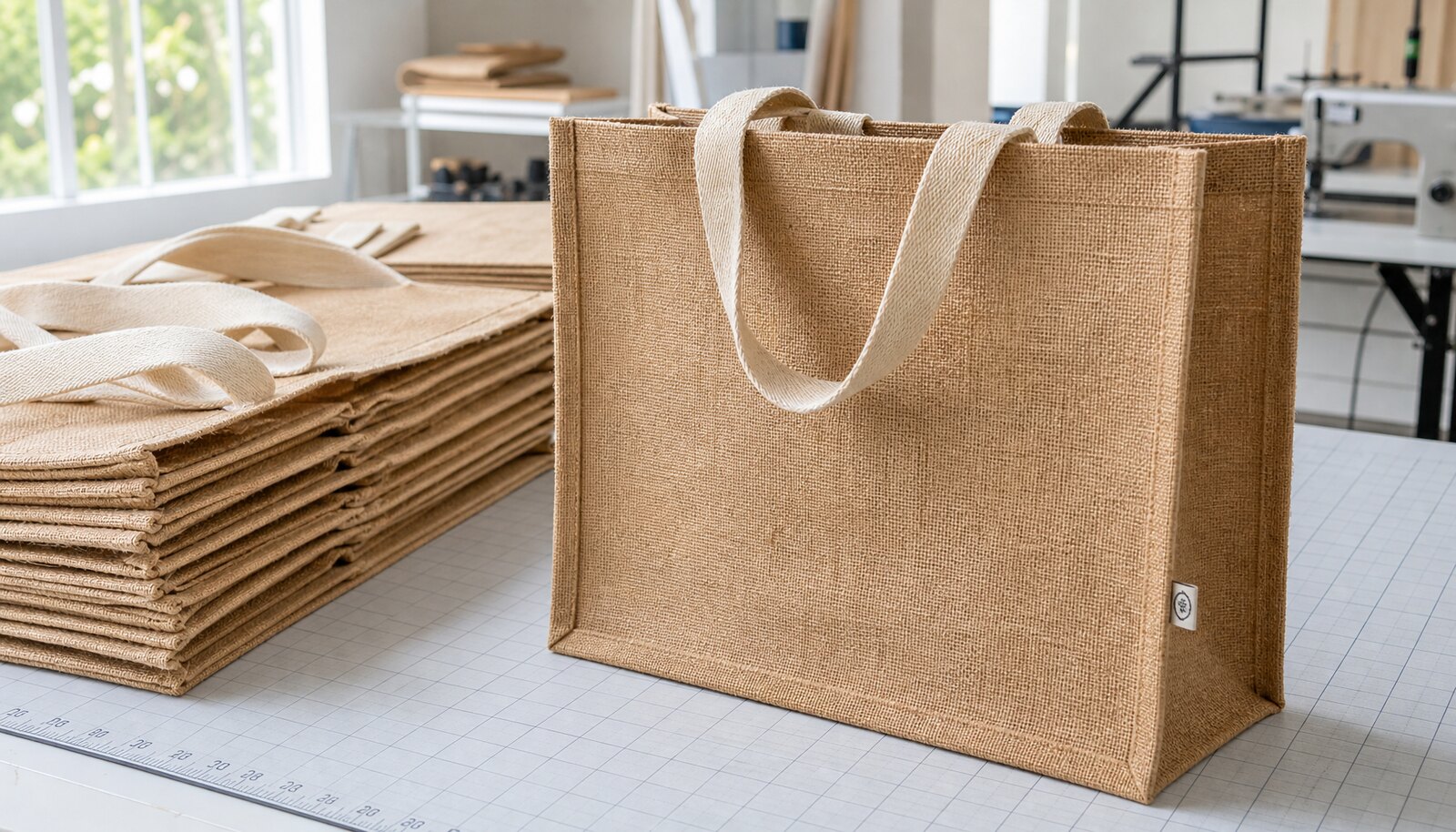 Natural jute tote bag with a small CTM woven side label shown in a clean factory sample room