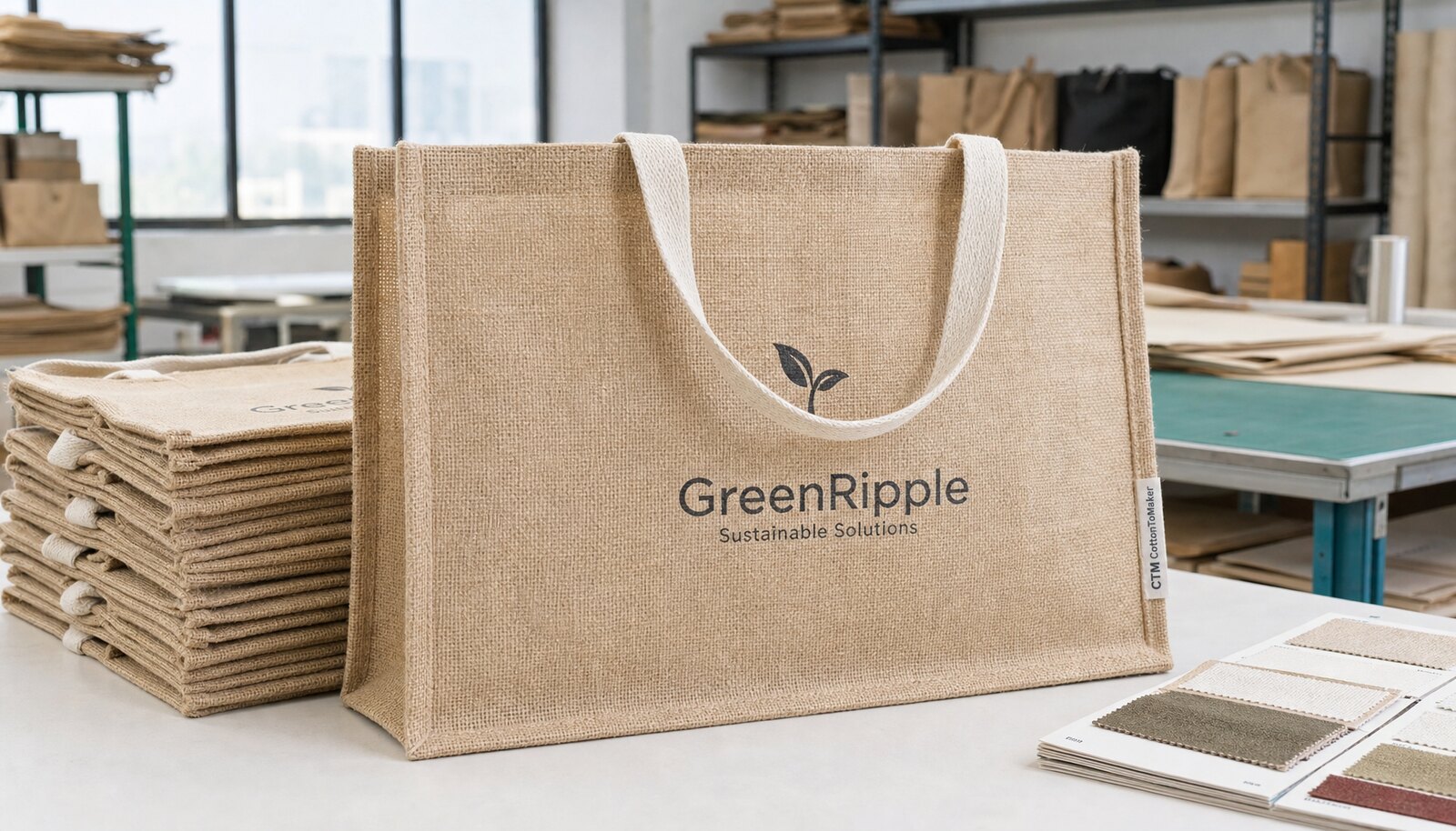 Natural jute tote bags with a small CTM CottonToMaker side label in a factory sample room.