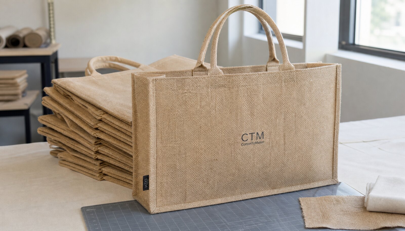 Natural jute tote bags in a factory sample room with a small CottonToMaker CTM logo printed on the front