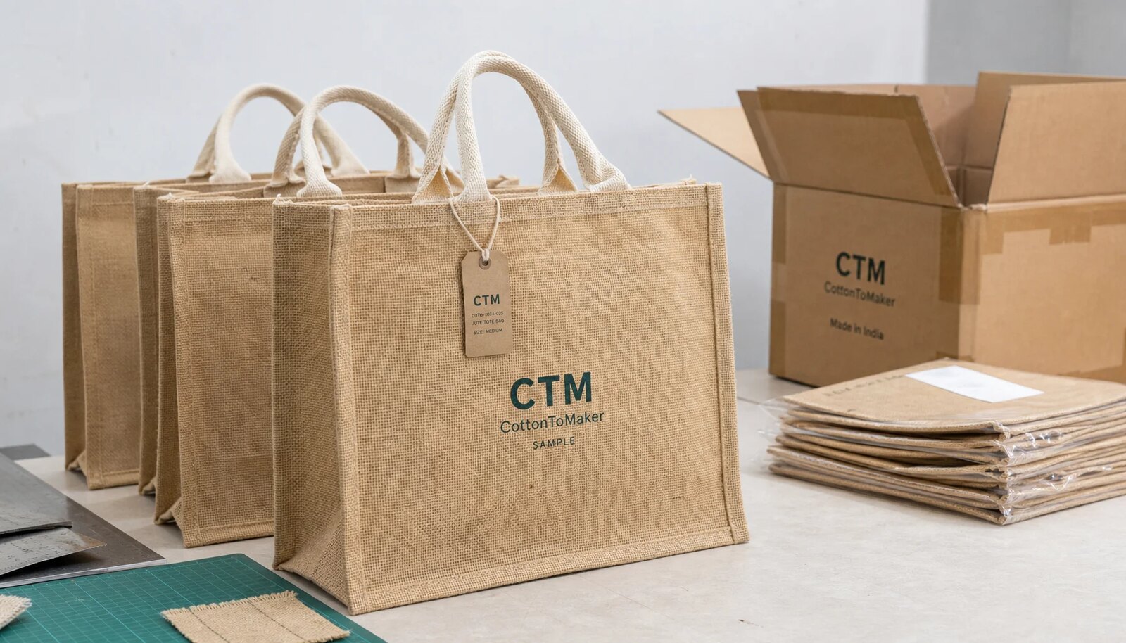 Natural wholesale jute tote bags with CTM CottonToMaker sample logo beside export carton for craft fair packing review