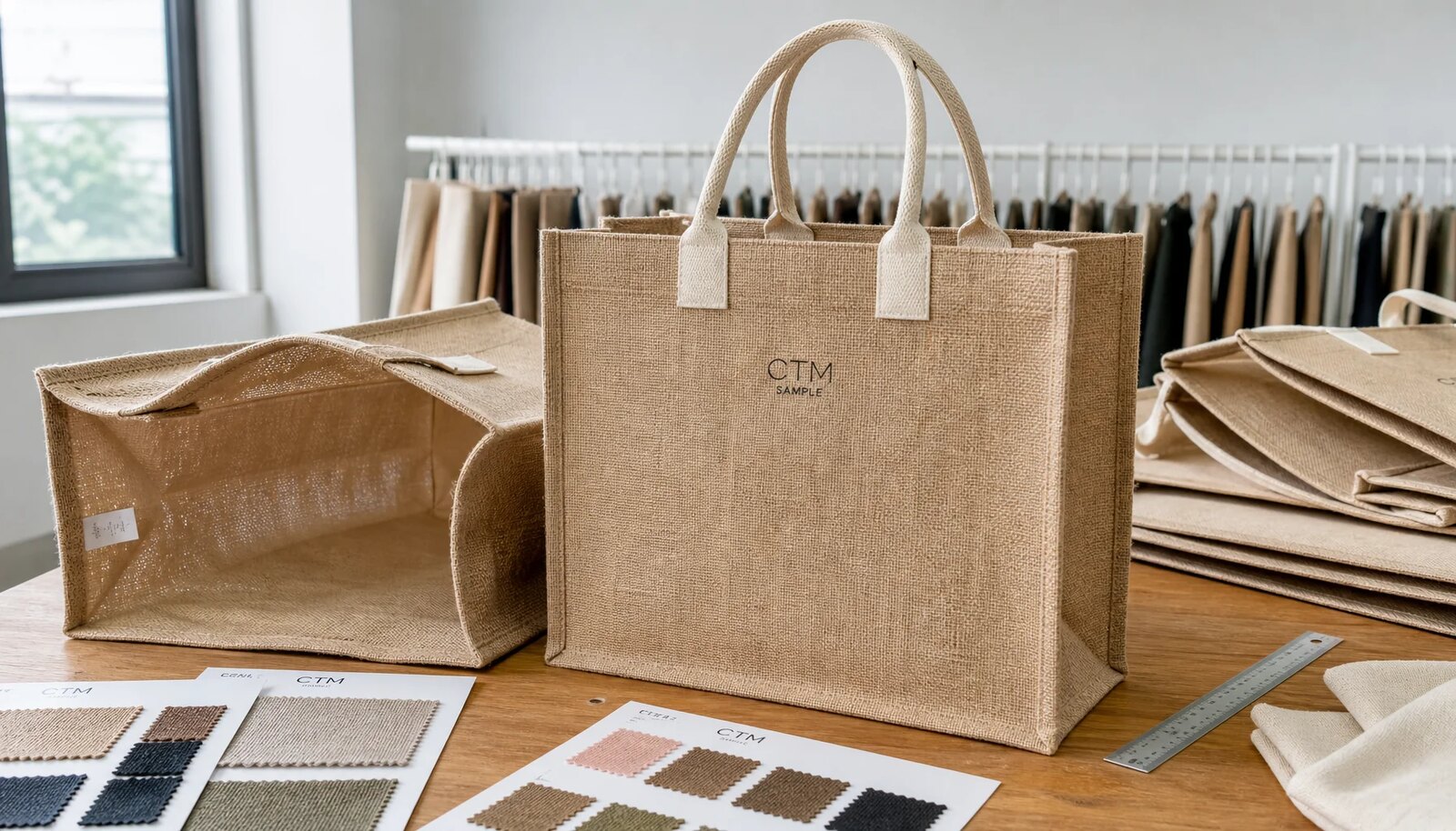 Natural jute tote bag sample with CTM logo on factory inspection table