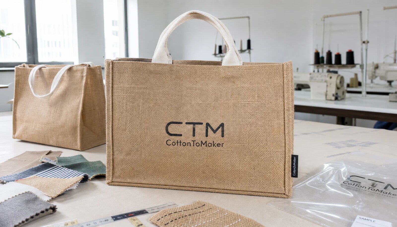 Natural jute tote bag sample with CTM CottonToMaker logo in a factory sample room
