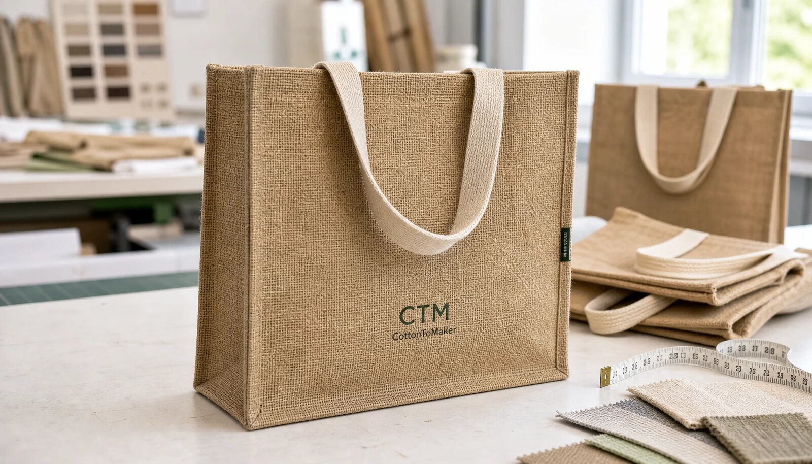 Natural jute tote bag sample with CTM CottonToMaker logo printed on the front panel
