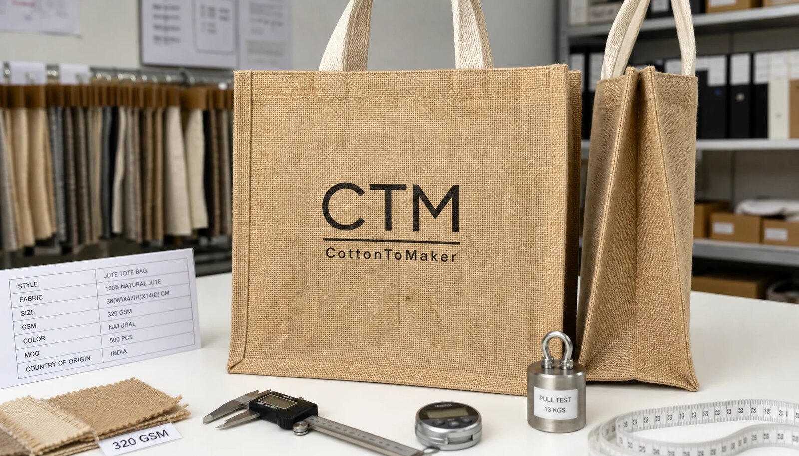 Natural jute tote bag sample with CTM CottonToMaker logo for wholesale craft fair sourcing