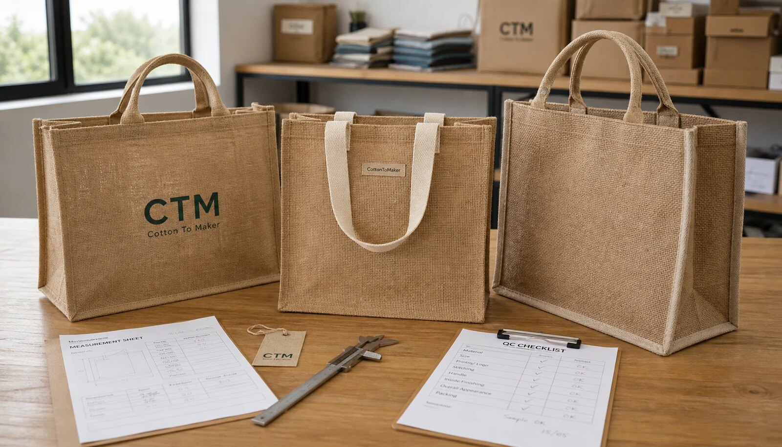 Wholesale jute tote bag samples with compliance checklist materials in a factory sample room