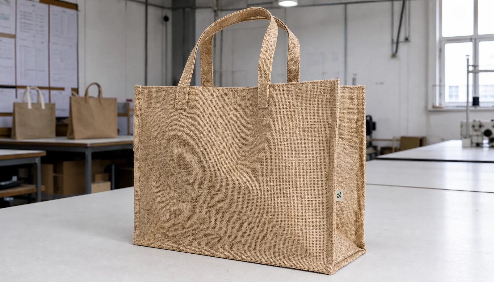Natural jute tote bag with a small CottonToMaker woven side label in a clean sample room.