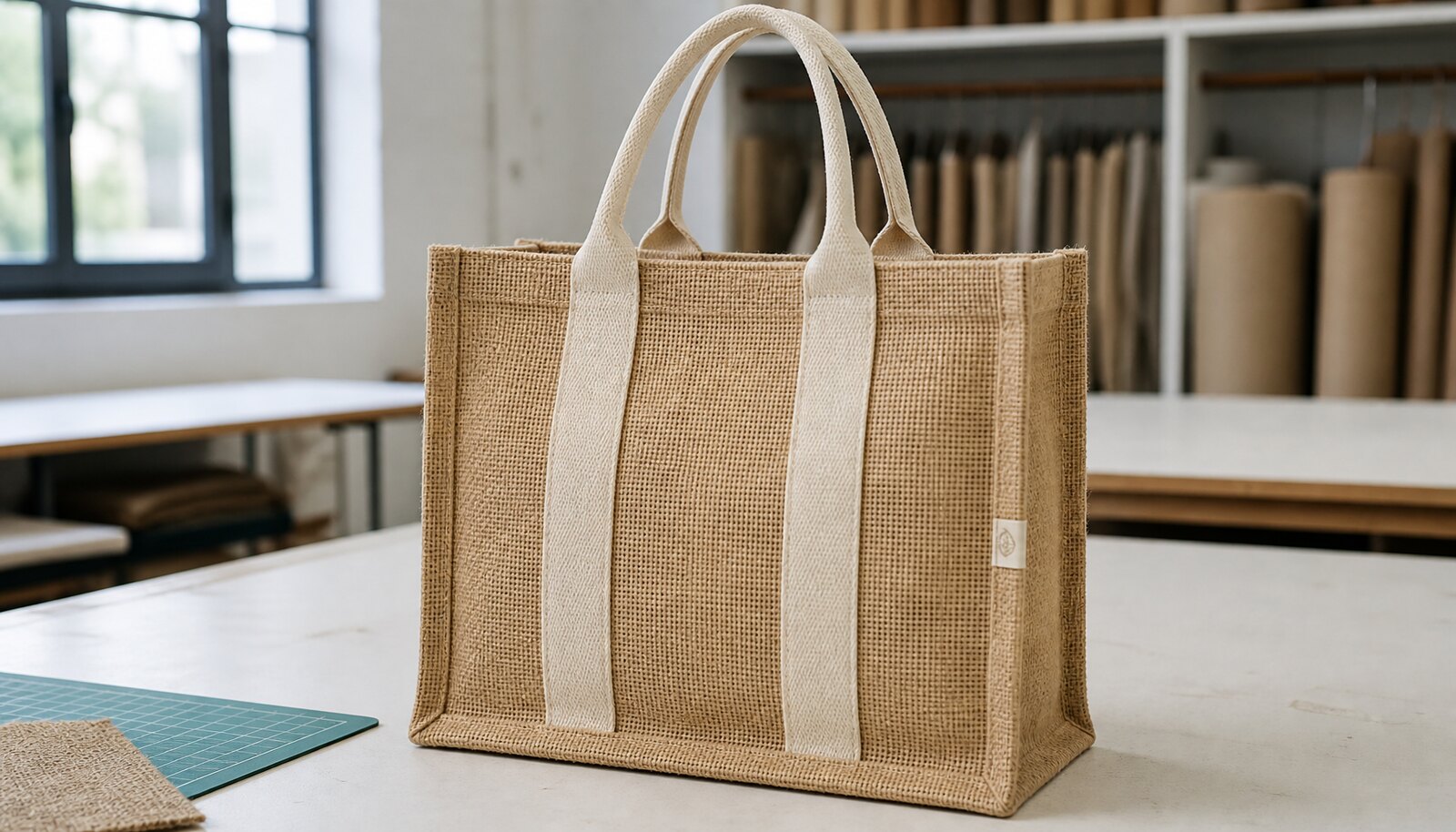 Natural jute tote bag for a boutique winery with a sewn CTM/CottonToMaker sample label in a clean sample room.