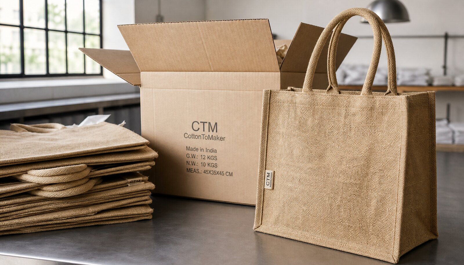 Stacked wholesale jute tote bags in a factory sample room with a simple CTM side label and export carton packing shown