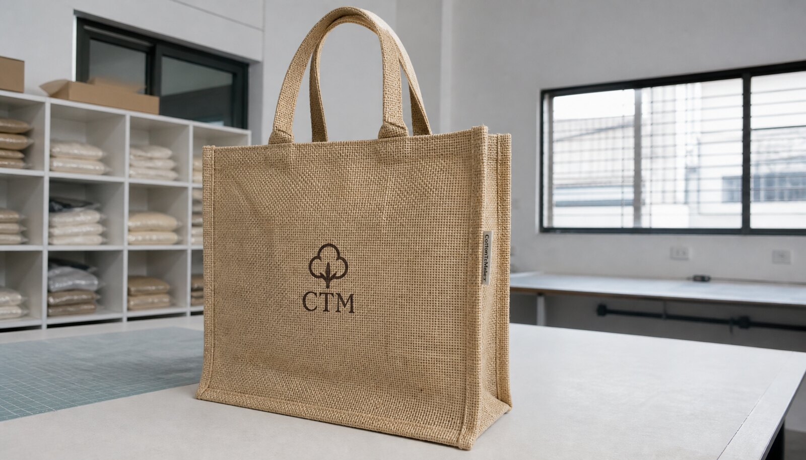 Natural jute tote bag with a simple CTM logo print and CottonToMaker side label in a factory sample room