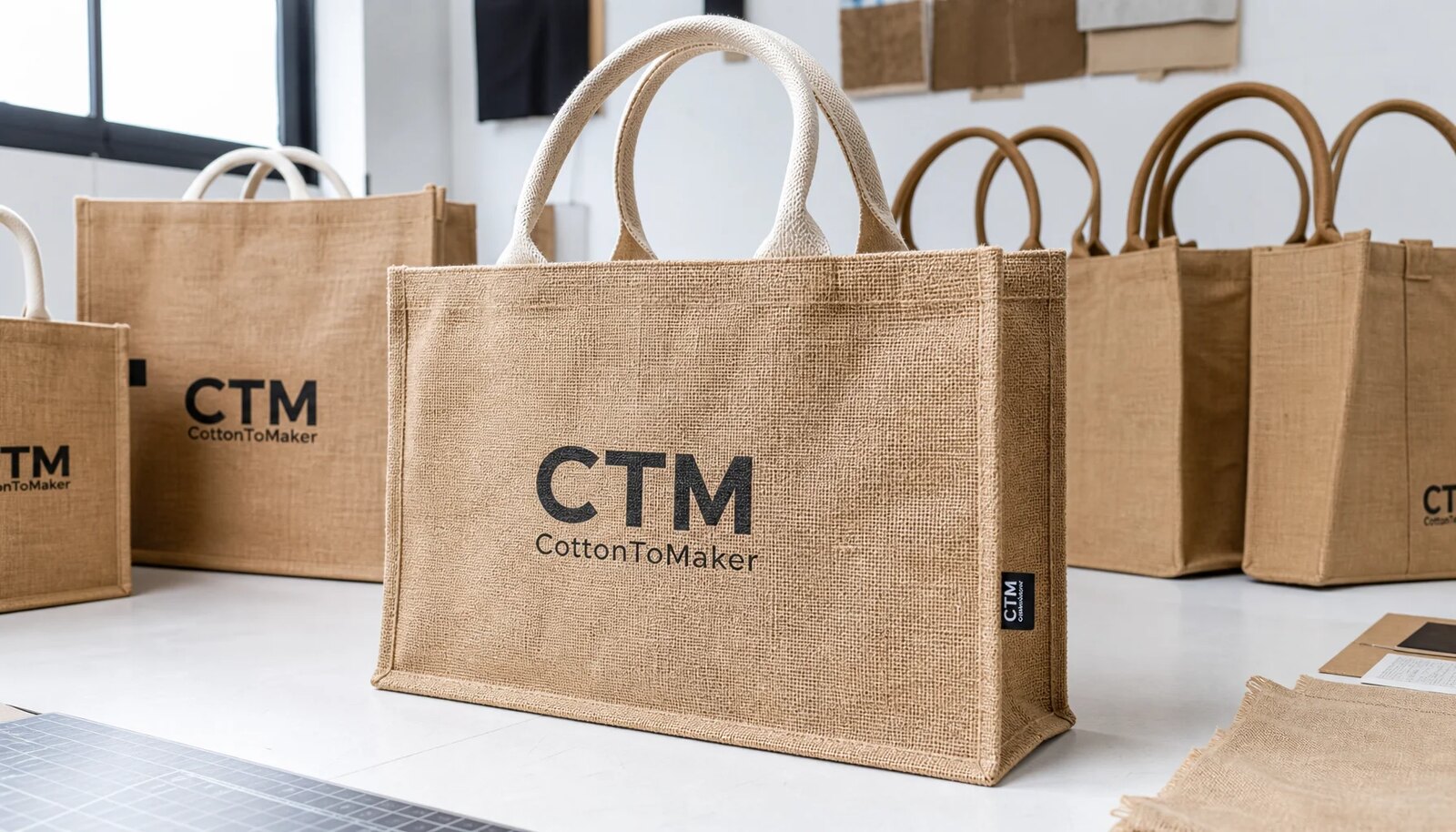 Natural jute tote bags with a simple CTM sample logo in a factory sample room