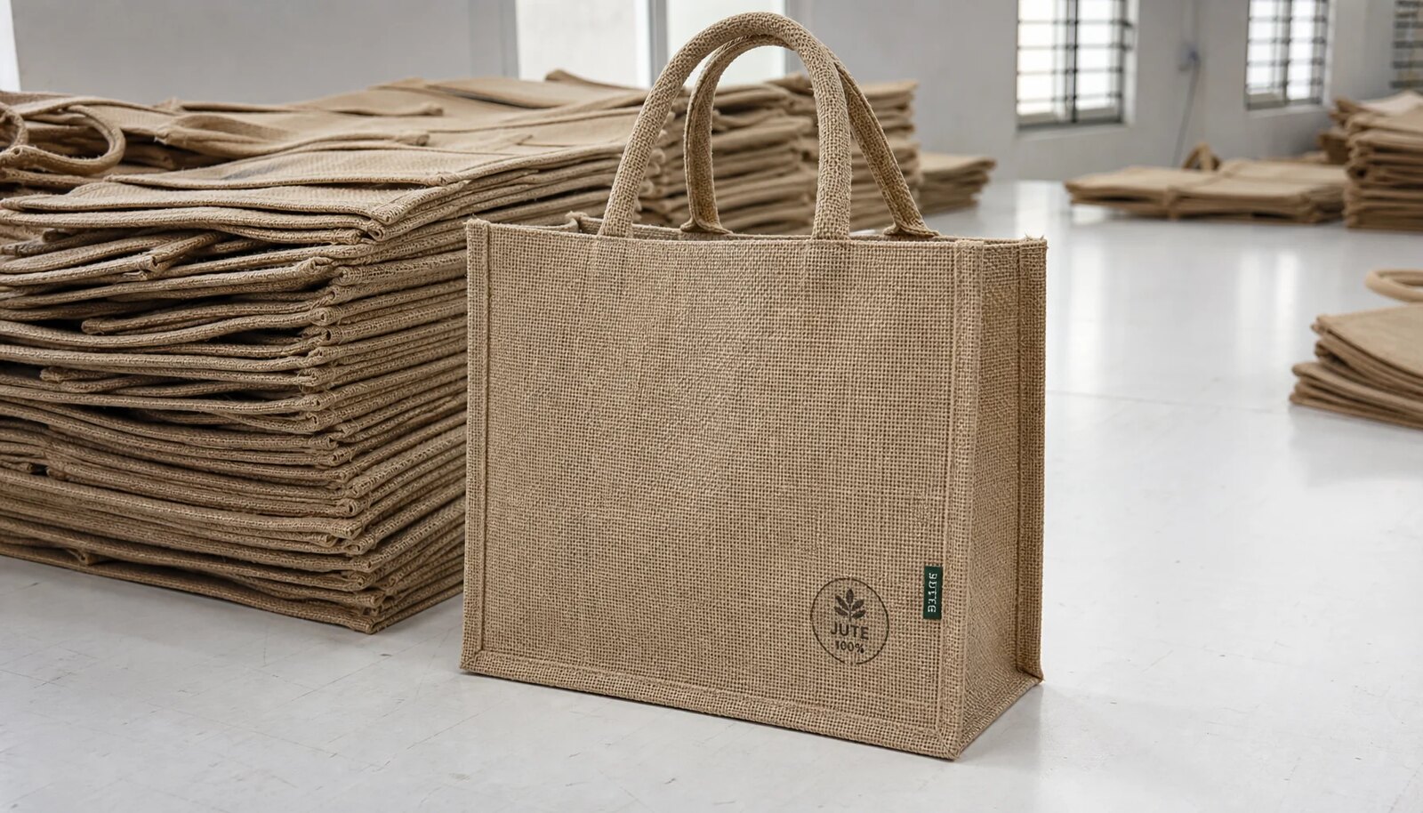 Photorealistic jute tote bags with a simple CTM CottonToMaker sample logo in a factory sample room