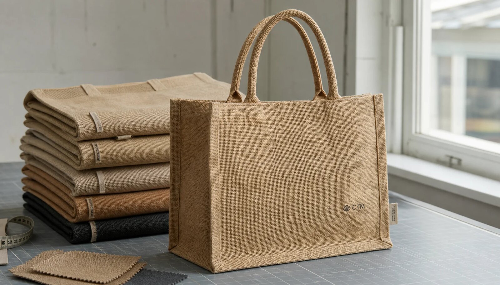 Jute tote bag sample with a small CTM logo in a clean factory sample room