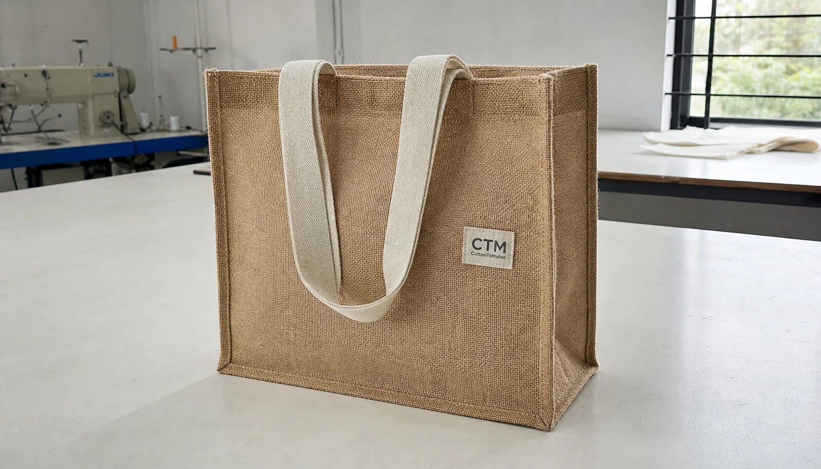 Natural jute tote bag in a sample room with a small CTM side label and clean logo placement.
