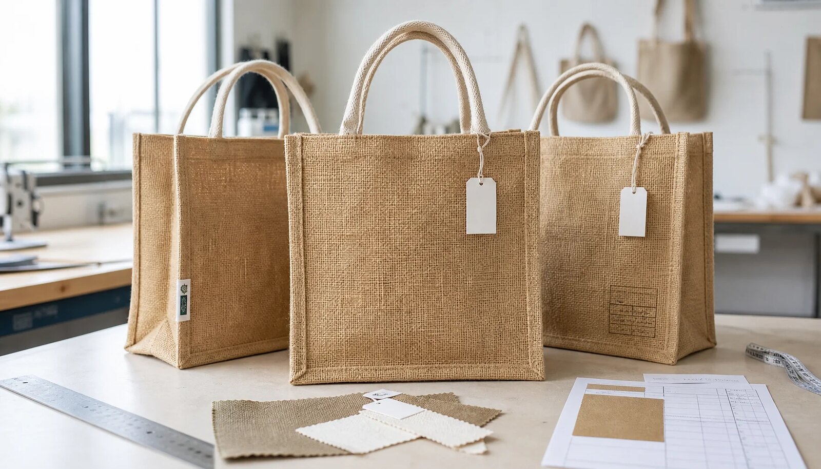 Natural jute tote bags in a factory sample room with fabric swatches, sample tags, and carton label proofs