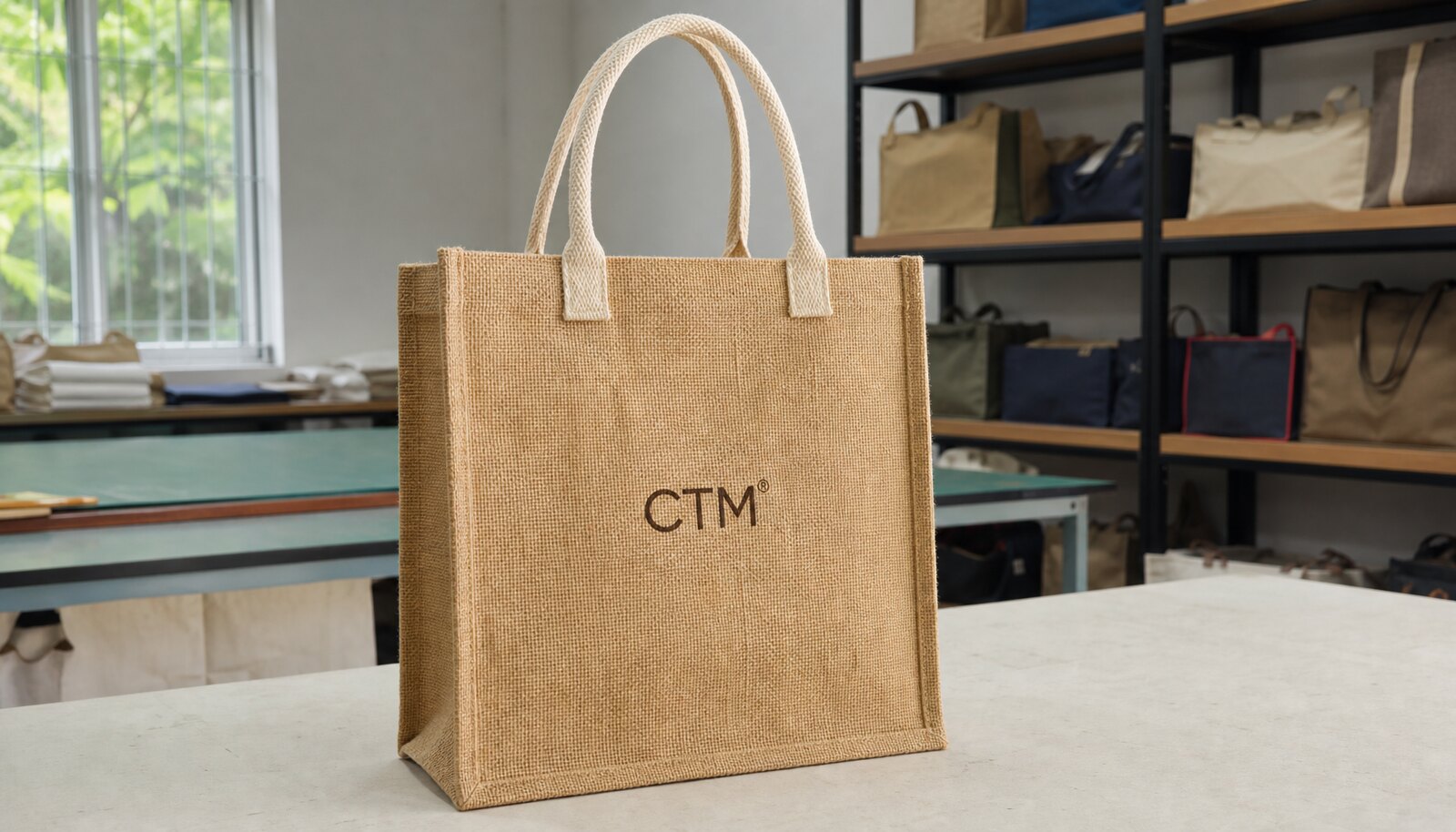 Natural jute tote bag with a simple CTM logo printed directly on the front in a clean factory sample room