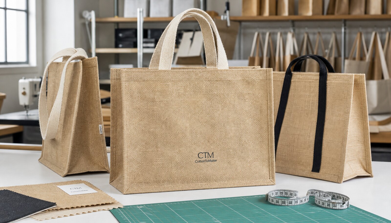 Natural jute tote bags with a small CTM CottonToMaker logo in a factory sample room
