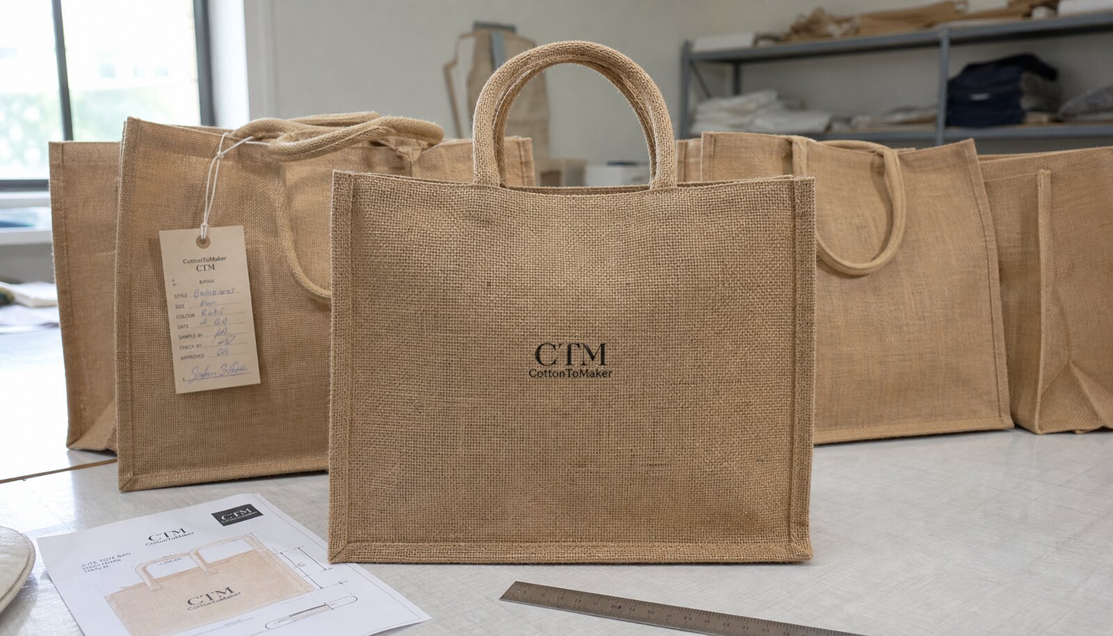 Natural jute tote bags in a factory sample room with a small CTM CottonToMaker logo printed on the front