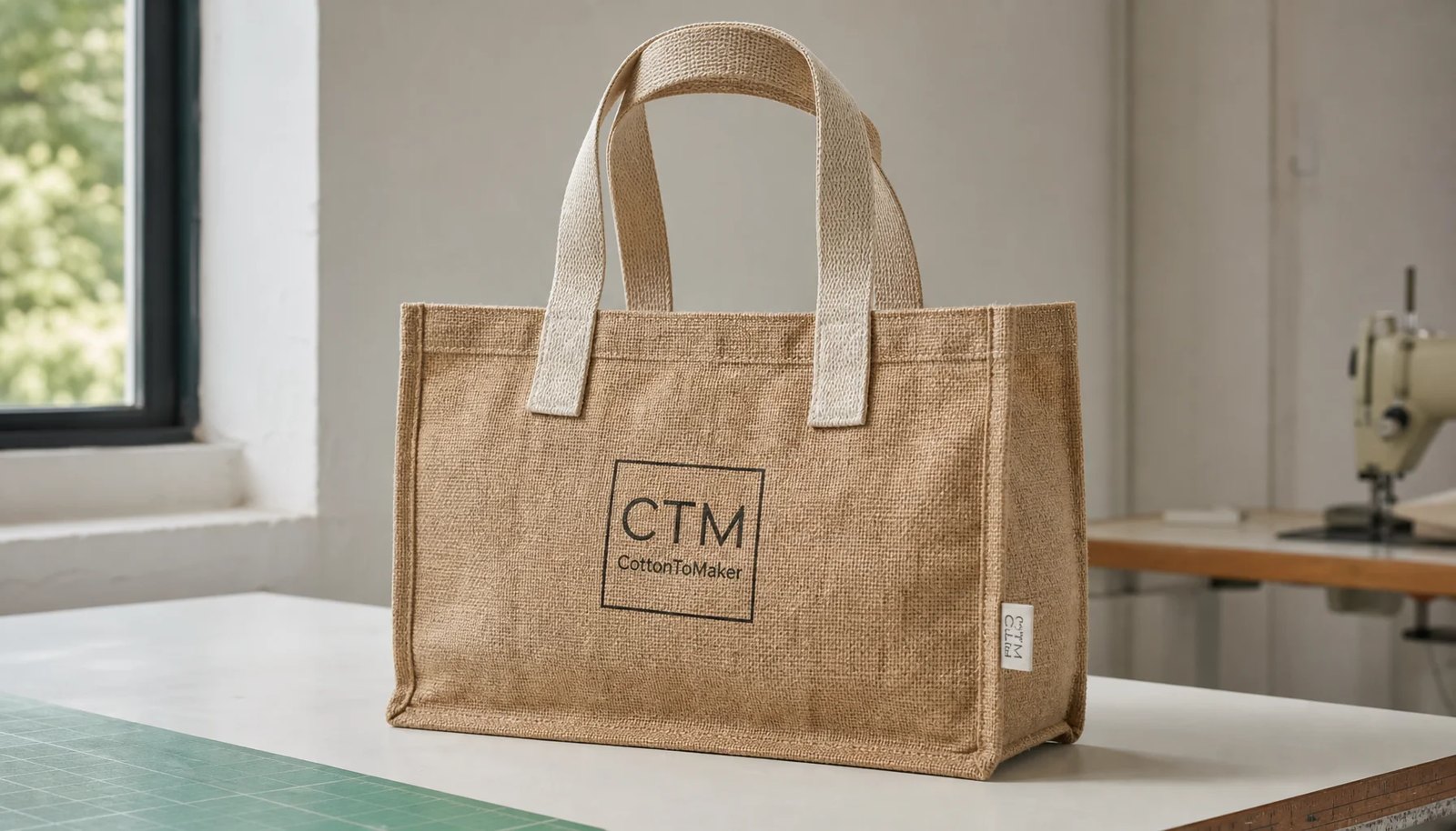 Photorealistic jute tote bag with CTM sample logo in a factory sample room