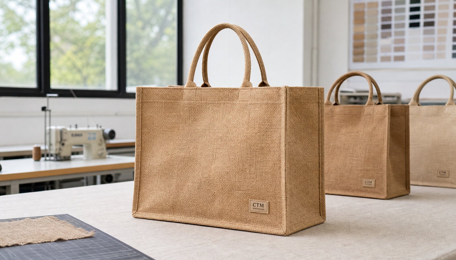 Photorealistic jute tote bag sample with a small CTM CottonToMaker logo in a factory sample room