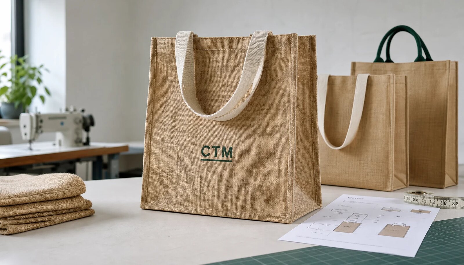 Natural jute tote bag with CTM sample logo and cotton handles in a clean studio sample setup