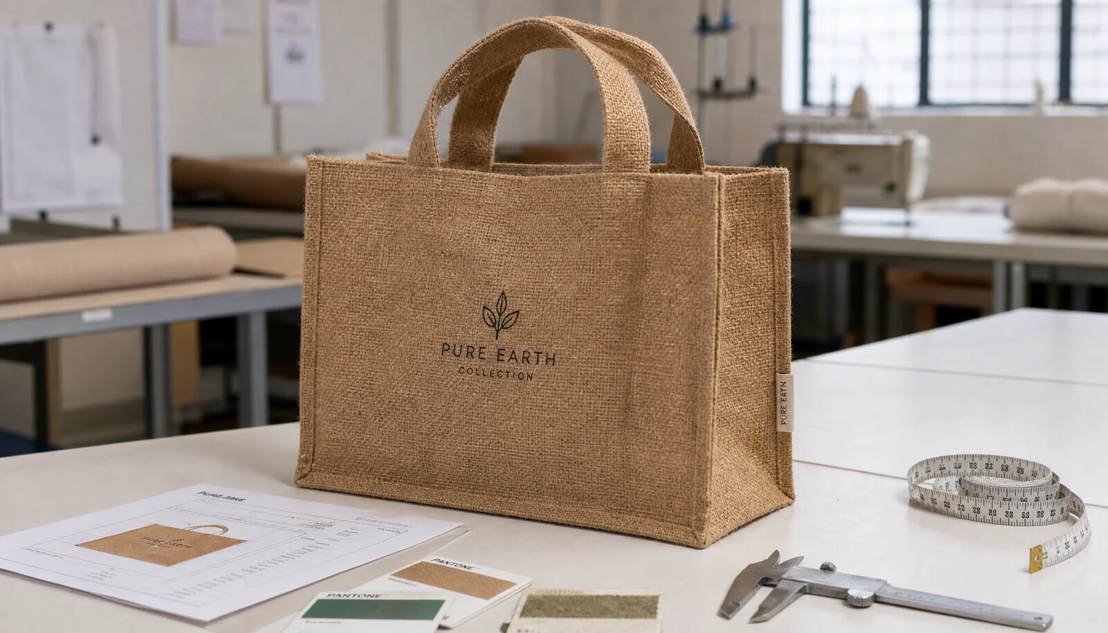 Natural jute tote bag production sample with printed label, Pantone chips, and measuring tape in a factory sample room