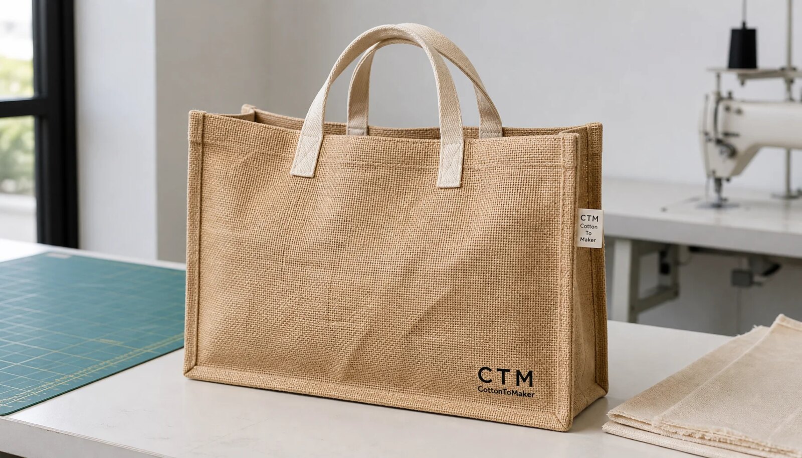 Natural jute tote bag with a CTM sample logo printed on the front in a clean factory sample room