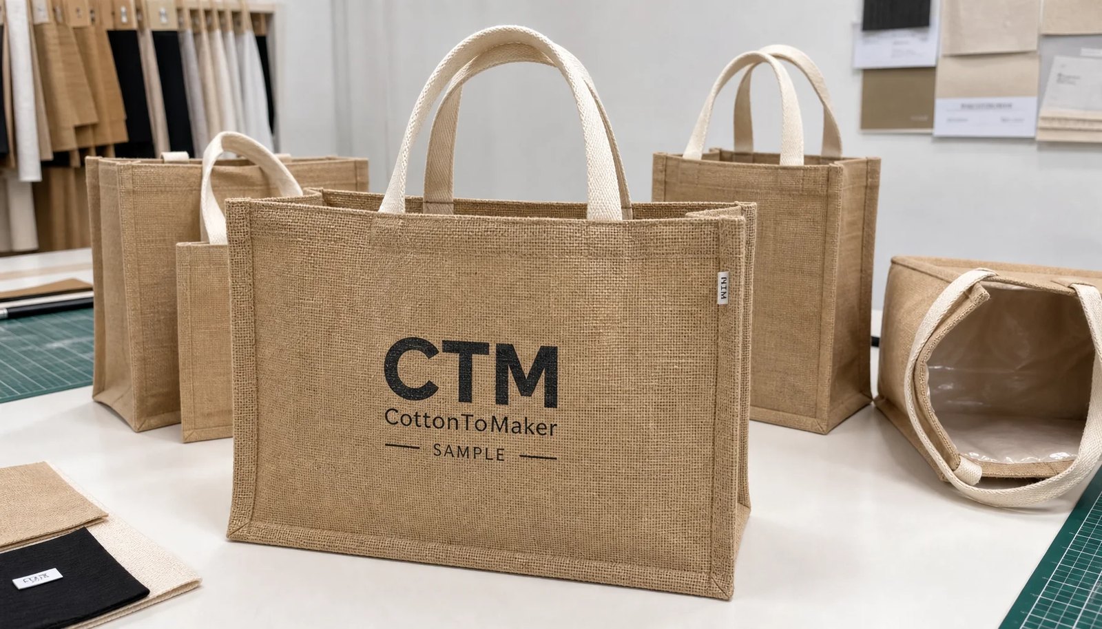 Natural jute tote bags with CTM sample logo, cotton handles, gusset, and laminated interior shown in a clean studio.