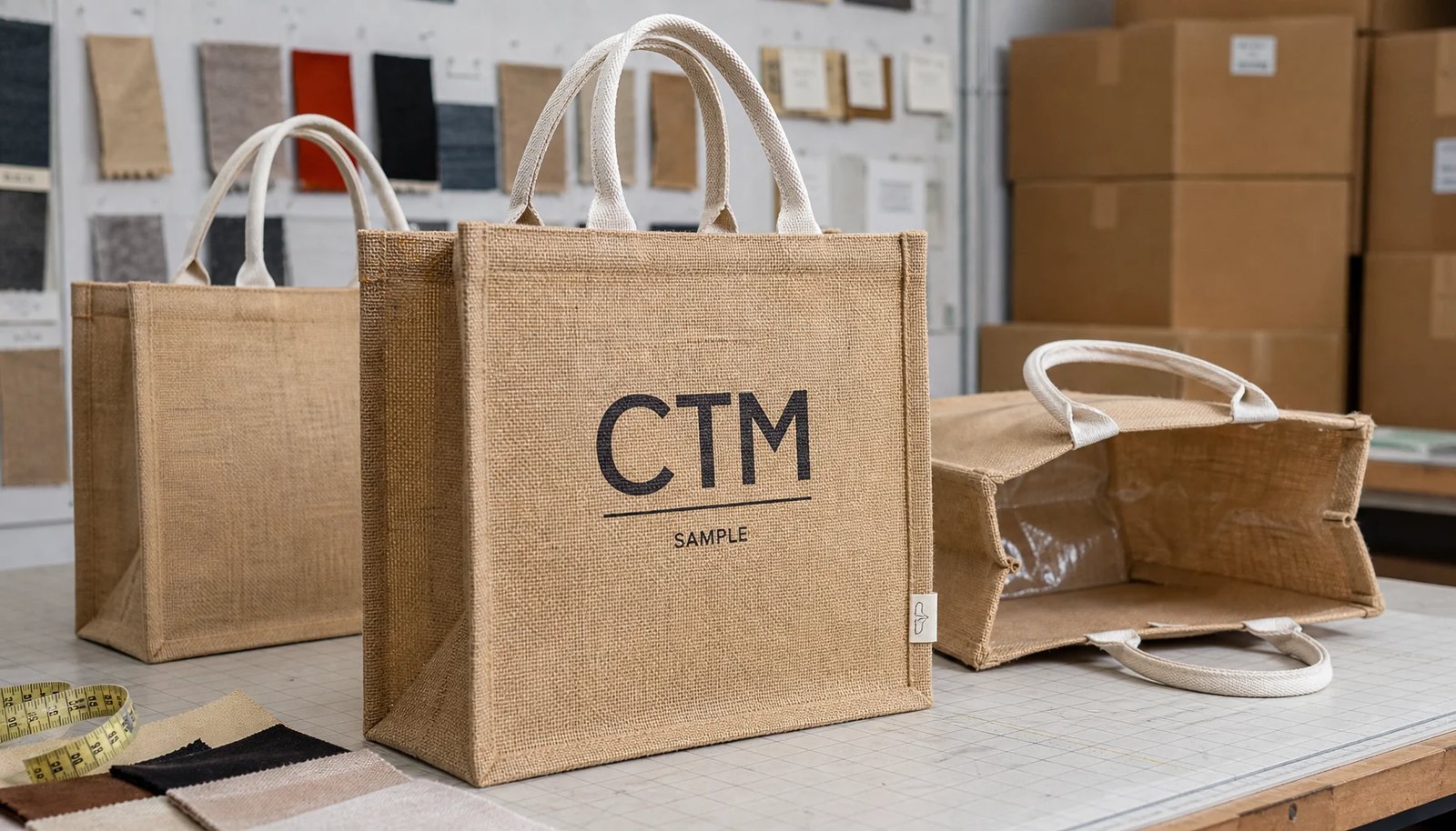 Natural wholesale jute tote bags with CTM sample logo in a factory sample room