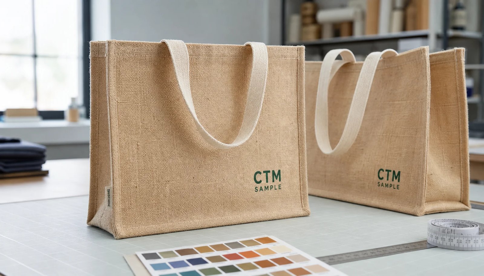 Natural wholesale jute tote bag with CTM sample logo printed on the front panel in a factory sample room