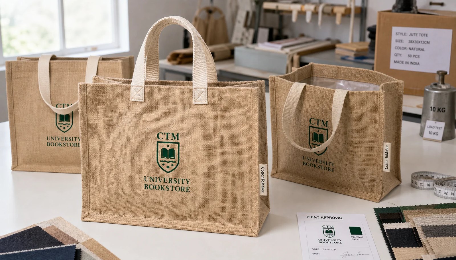 Natural jute tote bag sample with CTM logo, cotton handles, laminated lining, reinforced stitching, and bookstore-ready construction