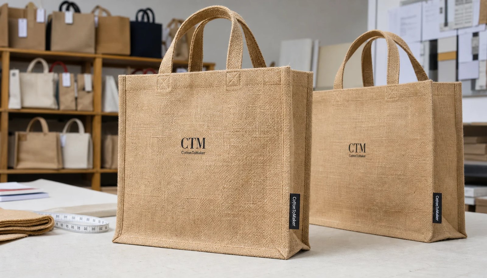 Natural jute tote bag sample with CTM logo print and CottonToMaker side label for university bookstore proofing