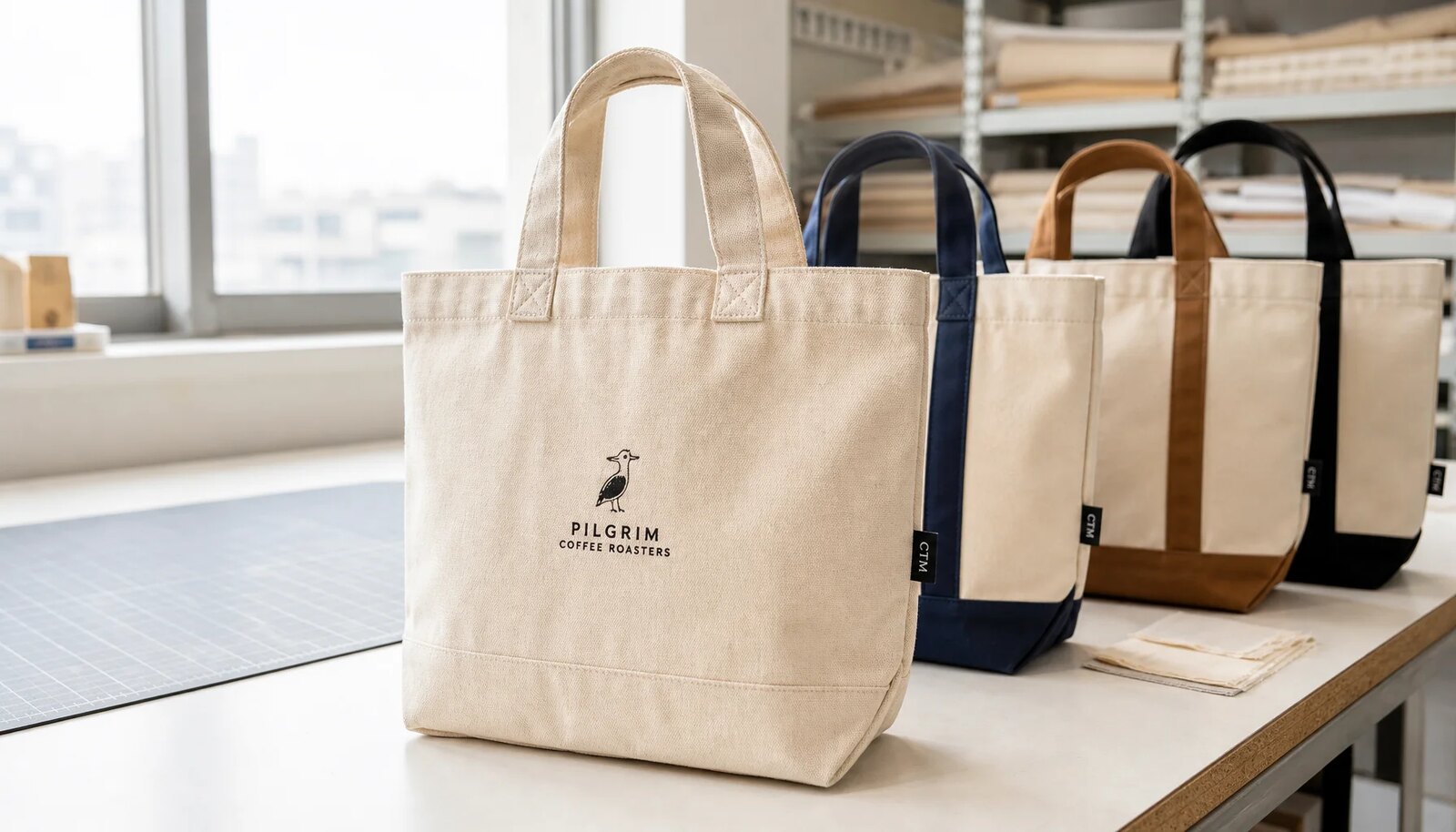 Organic cotton tote bag with a CTM side label and one-color logo print in a clean factory sample room.