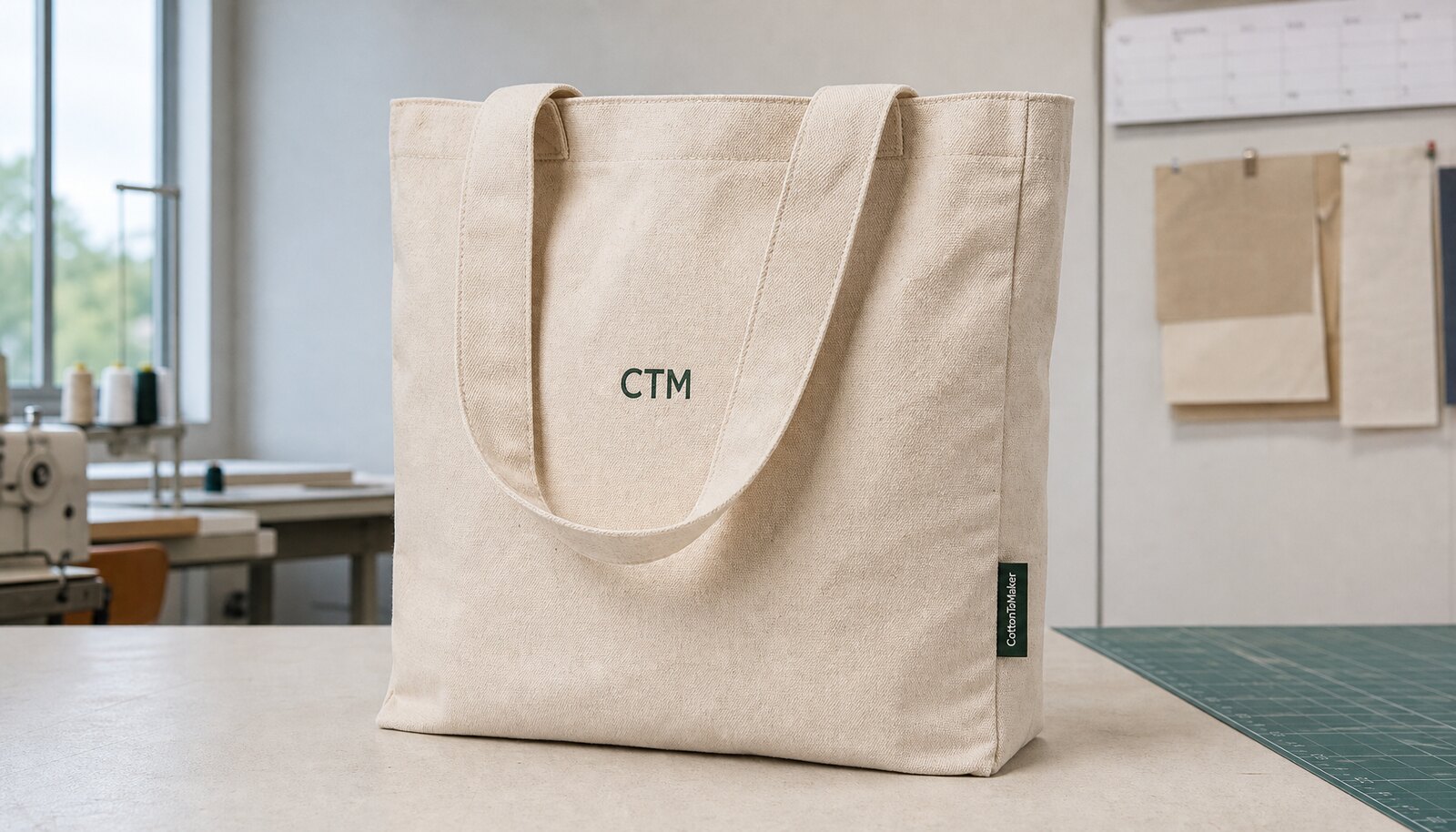 Photorealistic organic cotton tote with a CTM logo and CottonToMaker side label in a factory sample room.