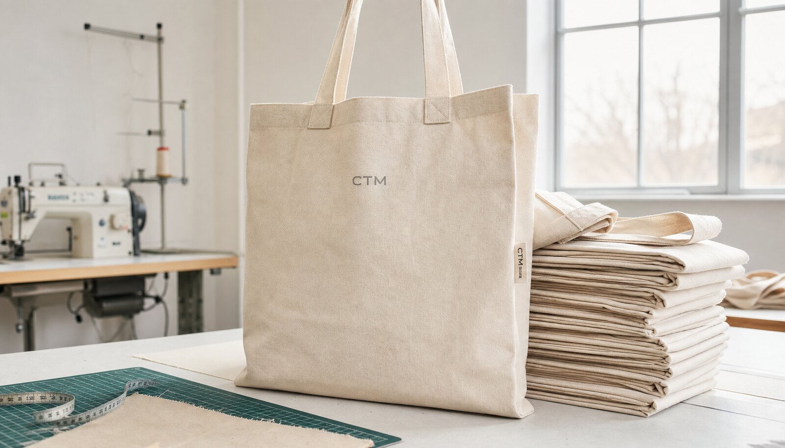 Organic cotton tote bag with a small CTM side label in a factory sample room