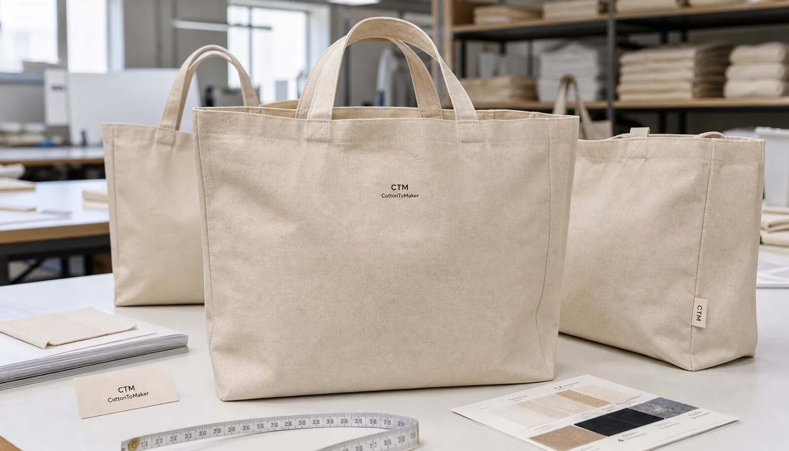 Organic cotton tote bags with a simple CTM sample logo printed directly on the product in a factory sample room.