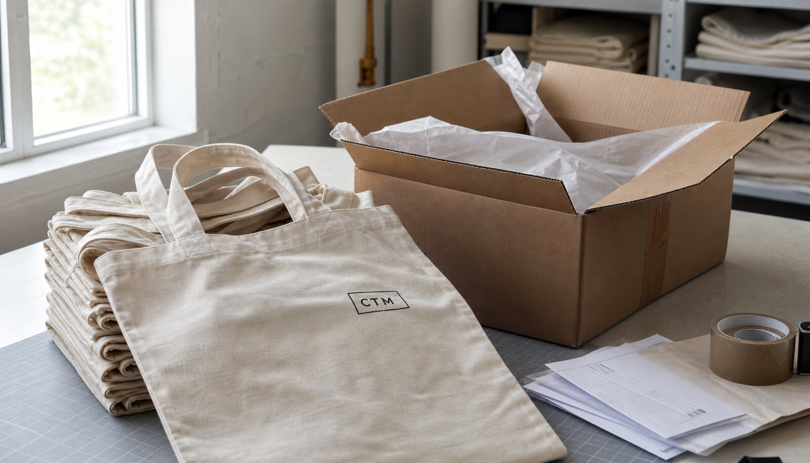Organic cotton tote bags with a CTM sample logo in a factory sample room beside shipping cartons and packing materials.