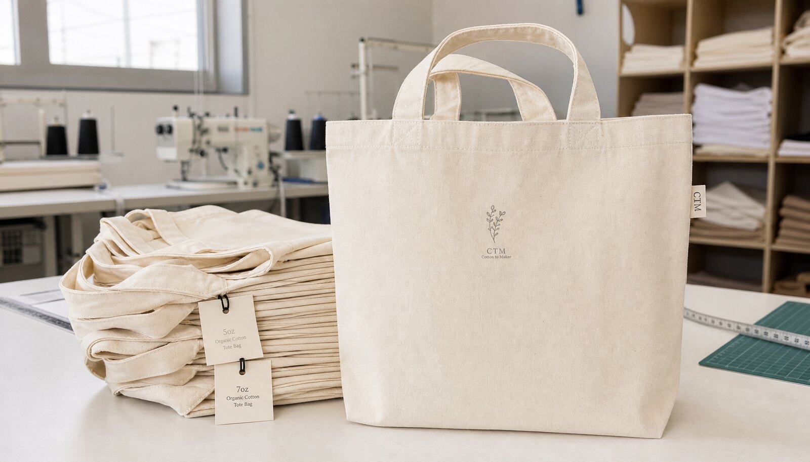 Organic cotton tote bag sample with CottonToMaker label in a factory sample room
