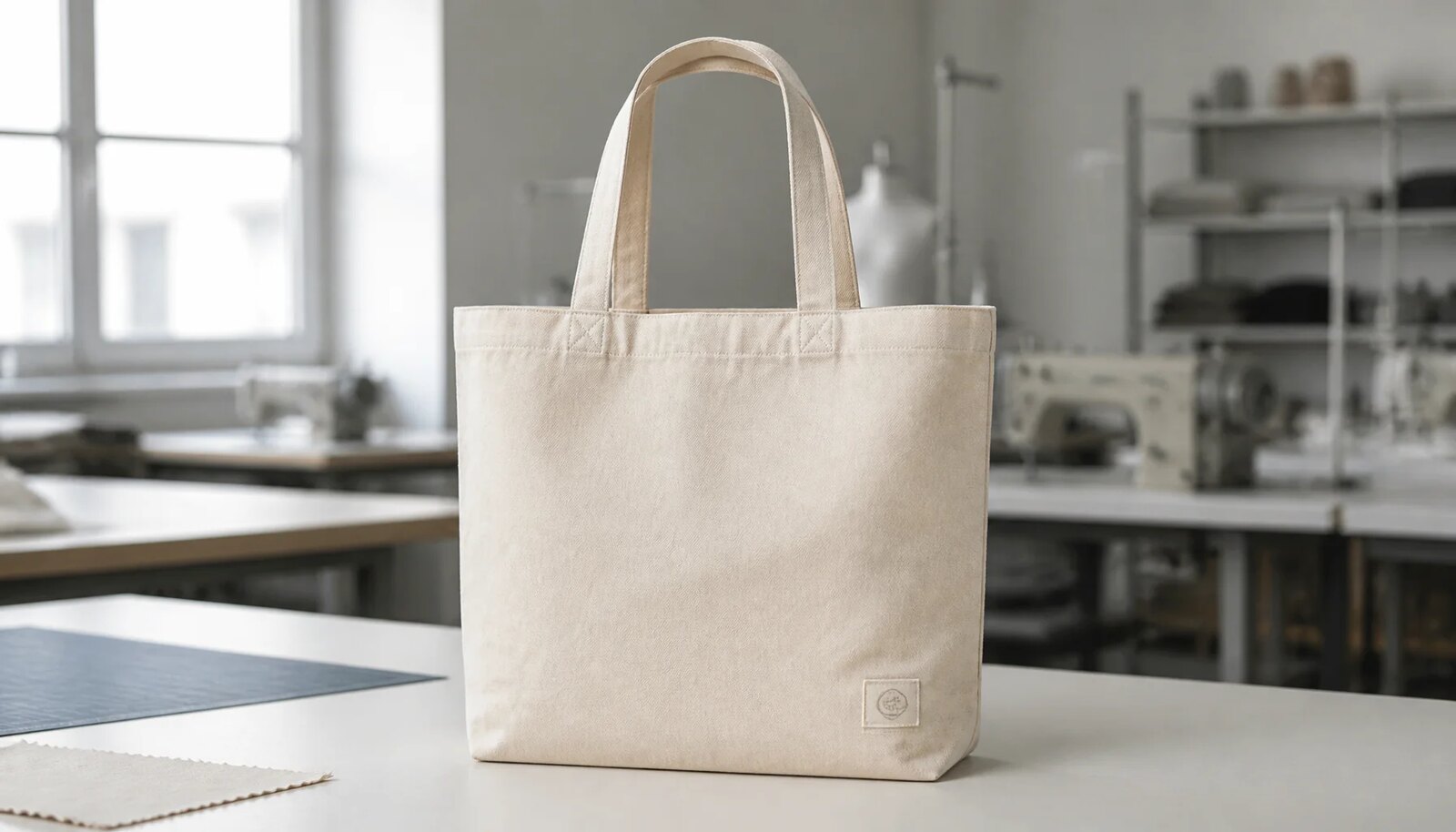 Organic cotton tote bag with a small CTM/CottonToMaker logo shown in a clean factory sample room