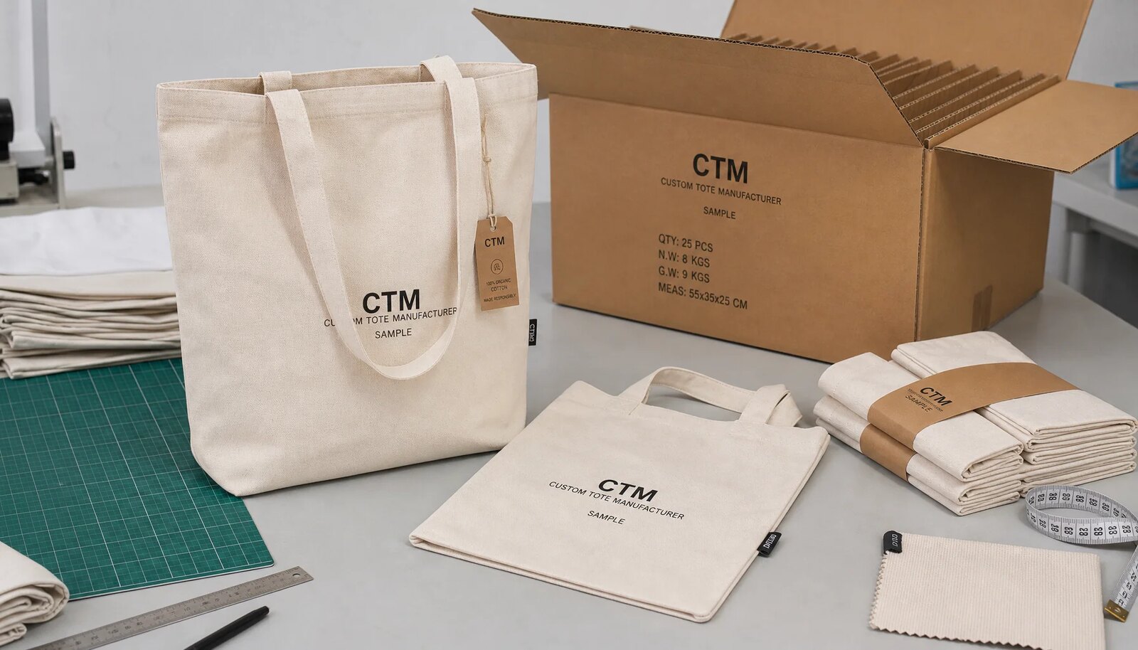 Organic cotton tote bags with sample logo packed beside an export carton