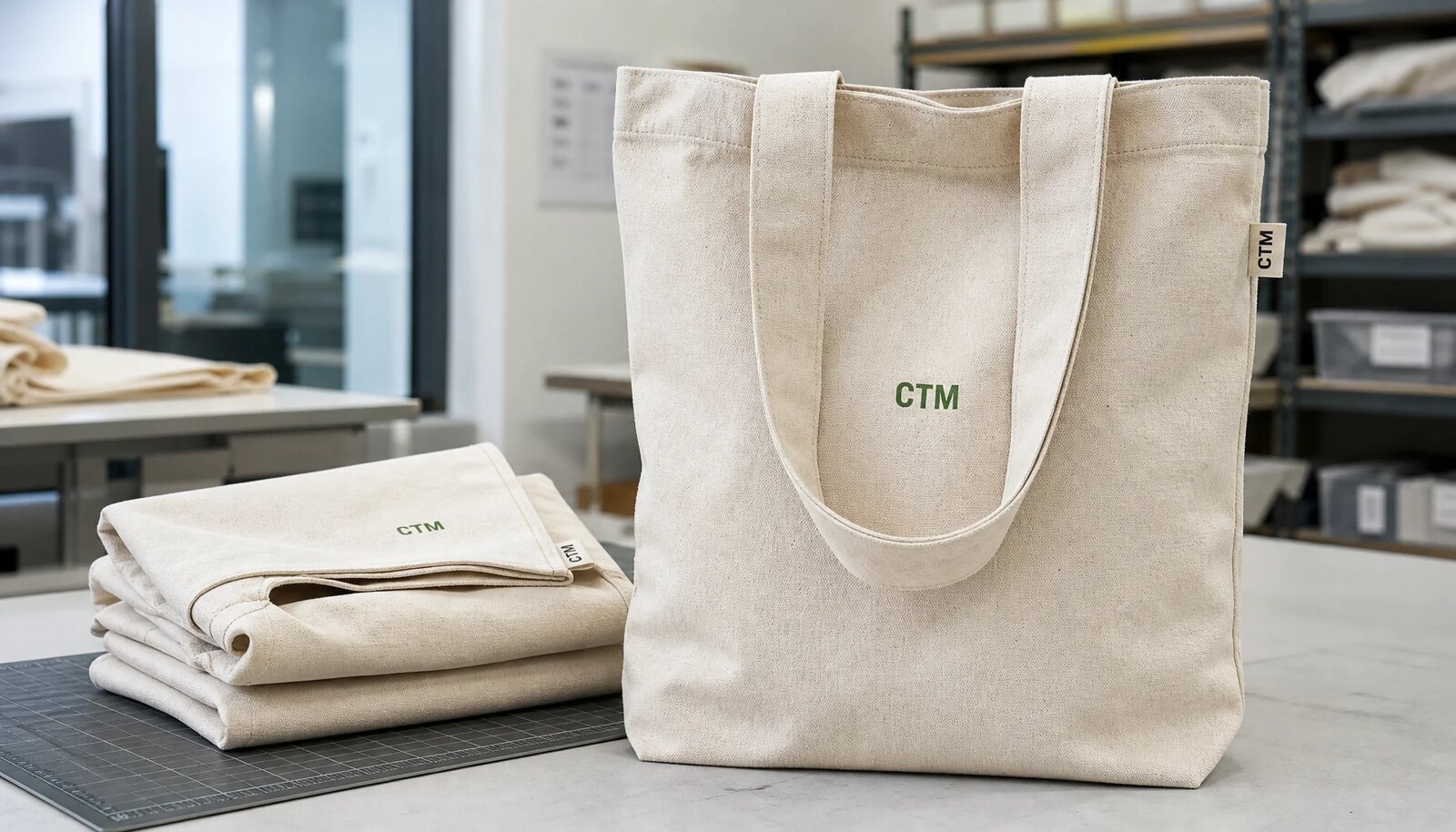 Natural organic cotton tote bags with CTM sample logo in a factory sample room
