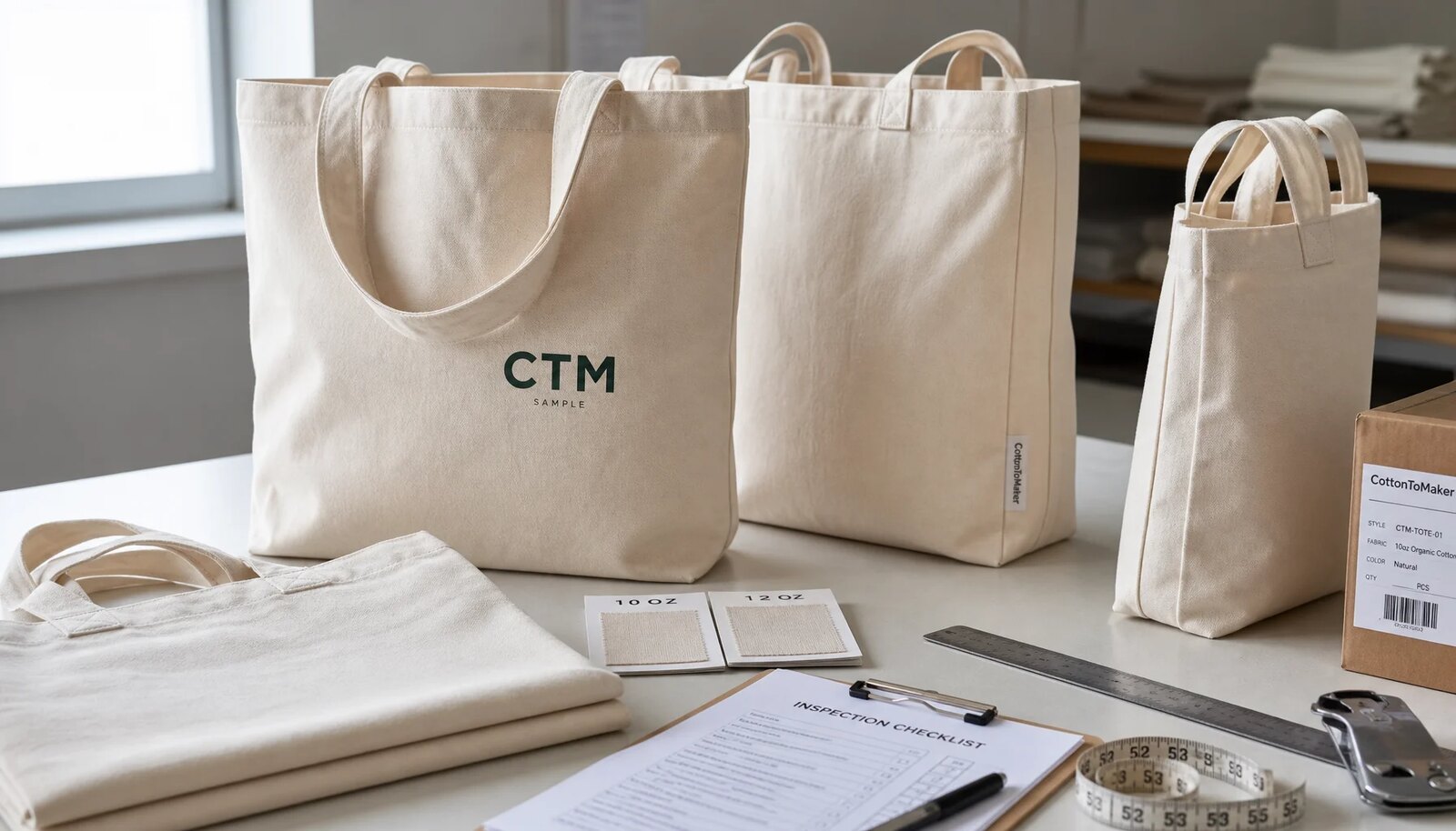 Organic cotton tote bag samples with CTM logo, swatches, ruler, and carton label for craft fair MOQ planning