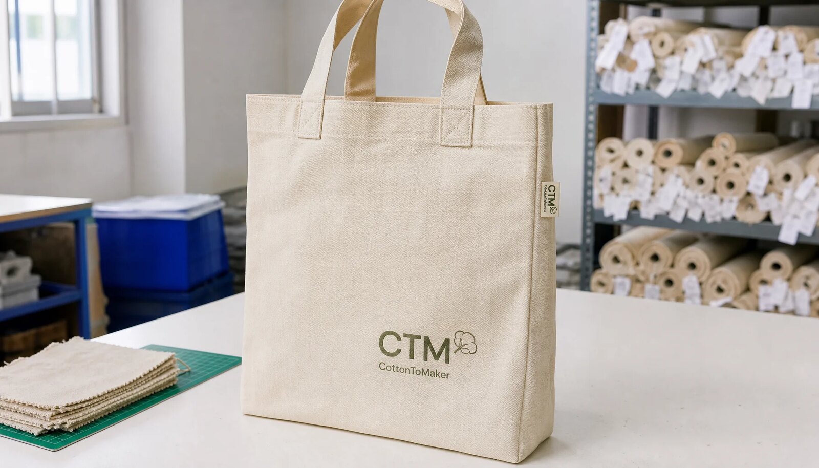 Natural organic cotton tote with CTM sample logo, reinforced handles, and visible cotton weave in a factory sample room