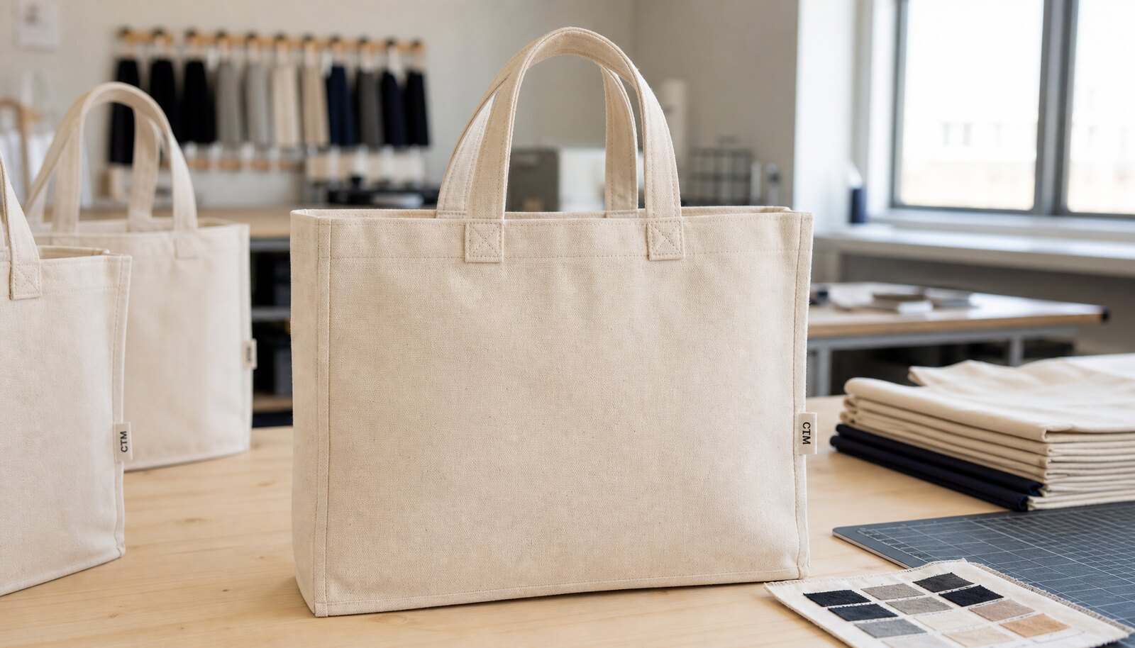 Natural organic cotton tote with a CTM woven side label in a clean factory sample room
