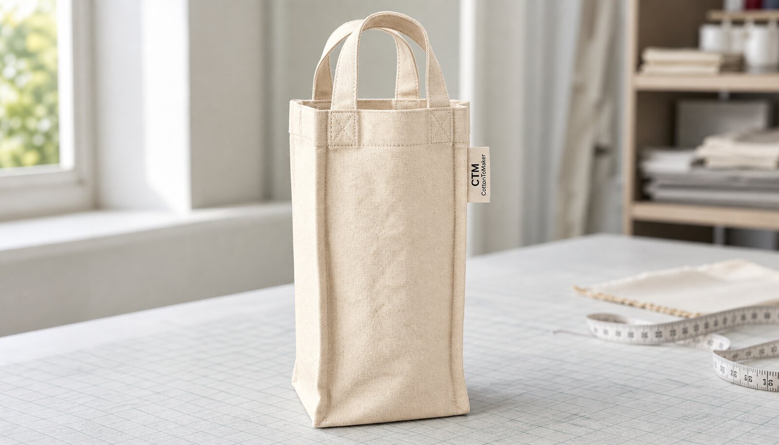Photorealistic organic cotton tote sample with a small CTM side label in a clean factory sample room.