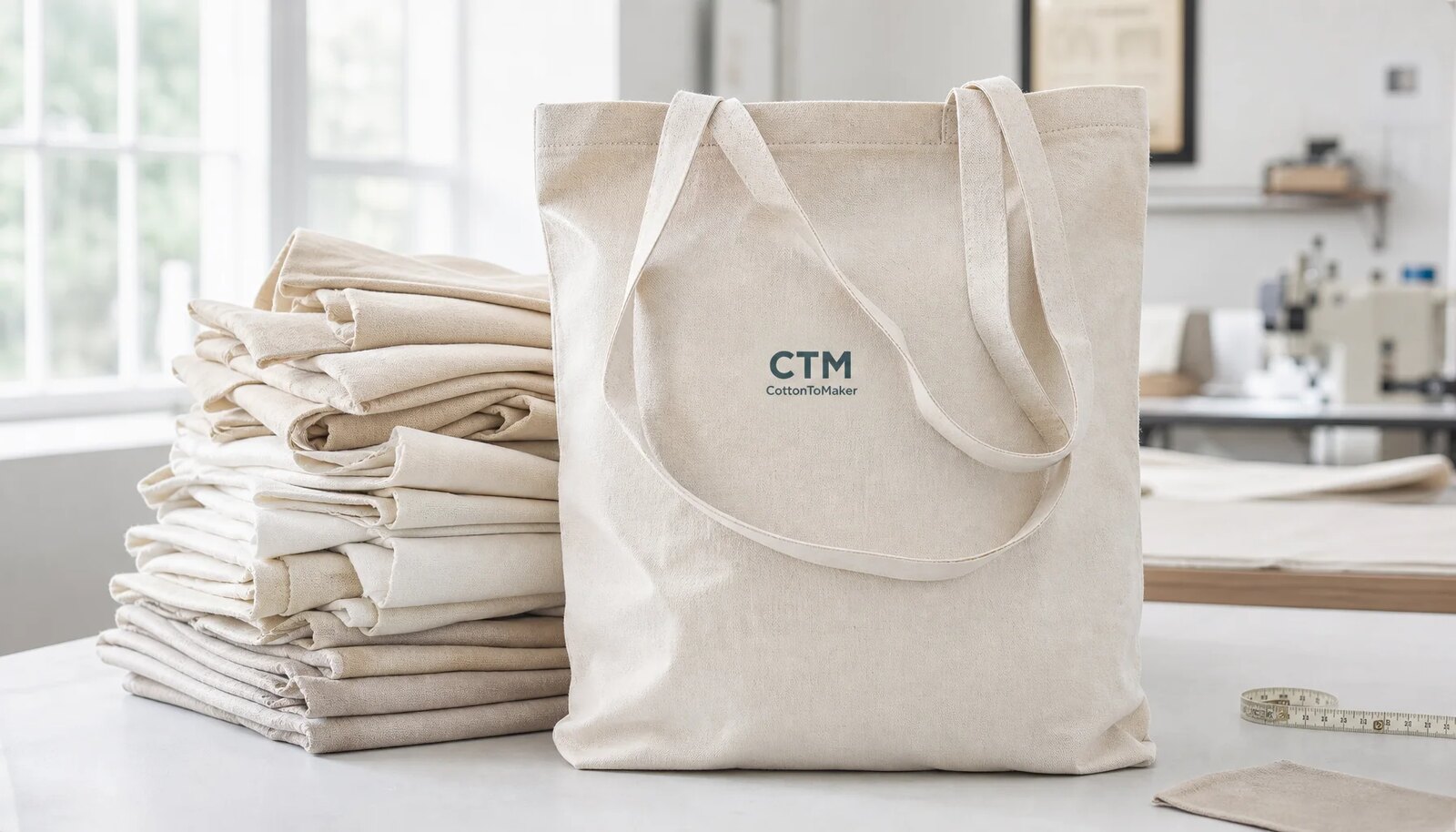 Organic cotton tote bag with CTM CottonToMaker logo shown in a factory sample room for corporate gifting buyers.