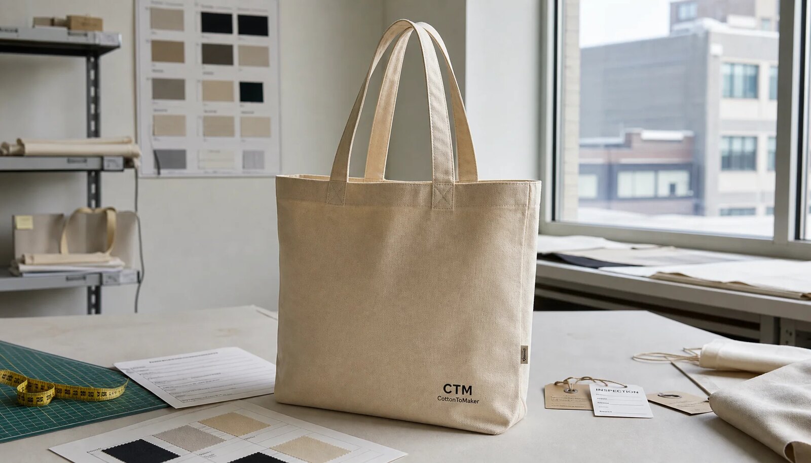 Organic cotton tote bag with a simple CTM / CottonToMaker sample logo in a factory sample room