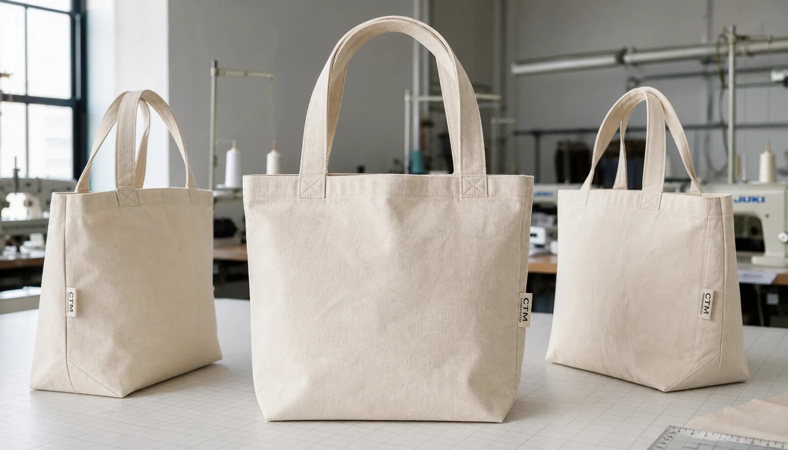 Organic cotton tote bag with reinforced handles and CTM side label in a factory sample room