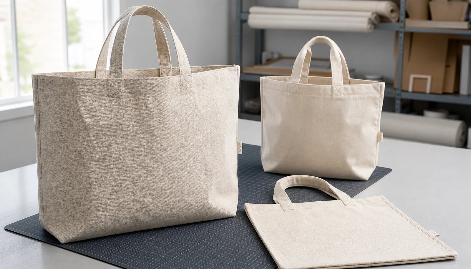 Natural organic cotton tote bags with visible weave texture and reinforced handles in a clean factory sample-room setting.