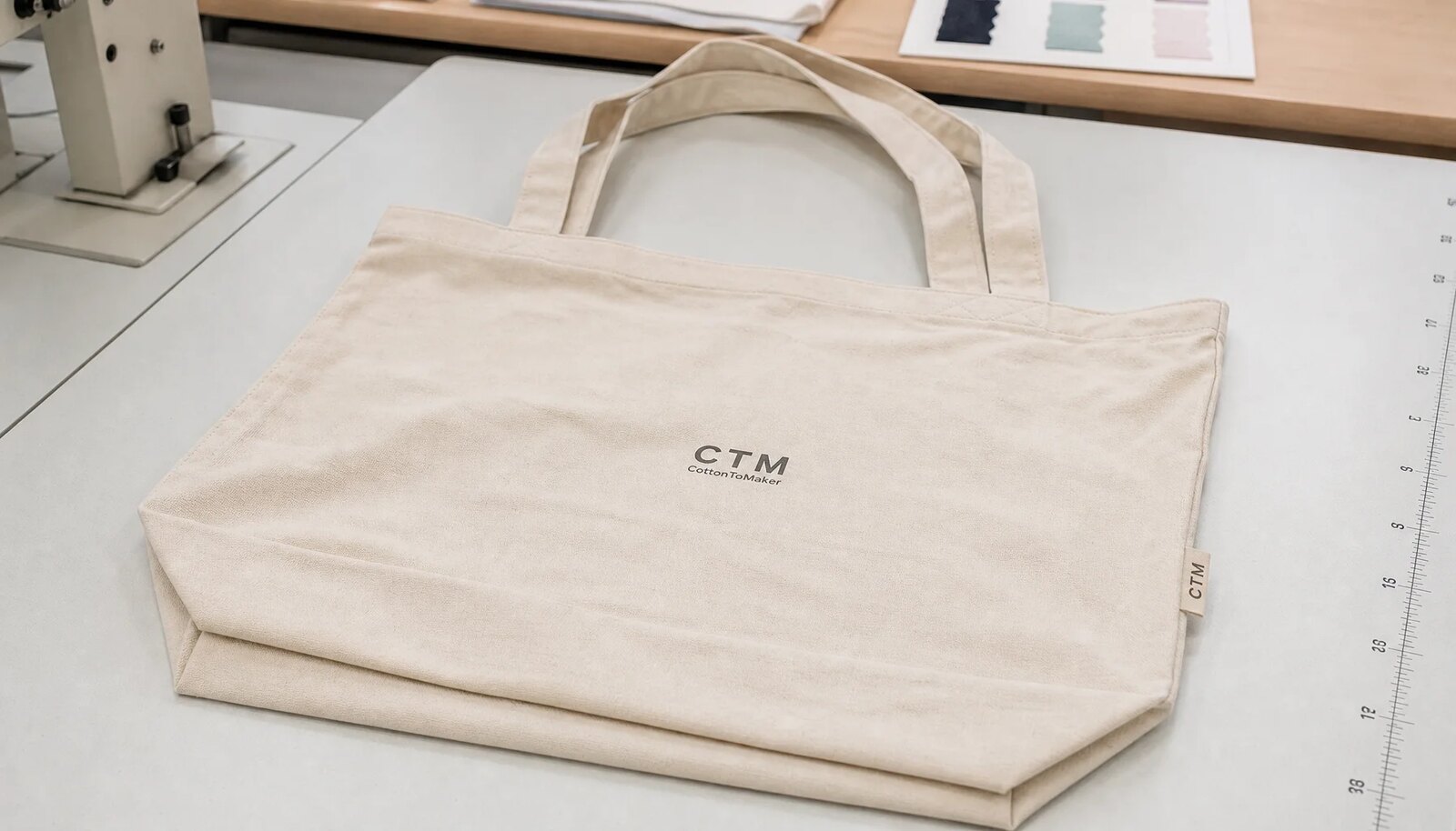 Organic cotton tote with a simple CTM/CottonToMaker sample logo printed on the front and a woven side label in a factory sample room.