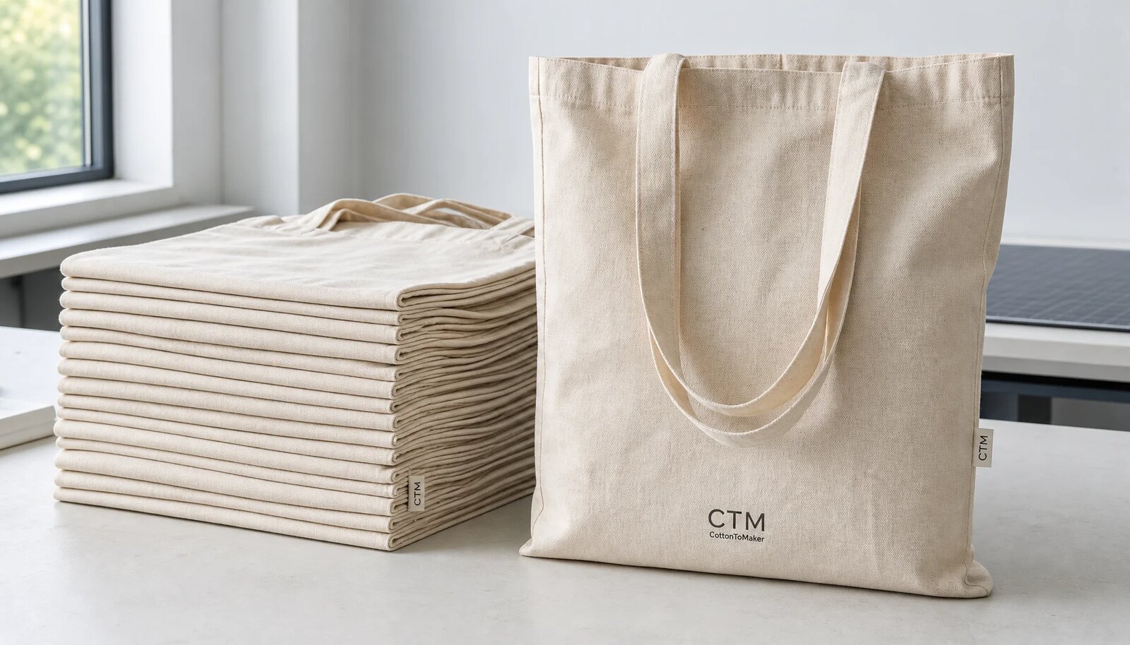 Organic cotton tote bags with a small CTM sample logo photographed in a clean factory sample room